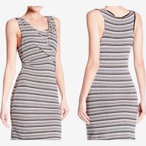 Anthropologie BORDEAUX Twist Front Stripe Knotted Black Grey Dress, size S